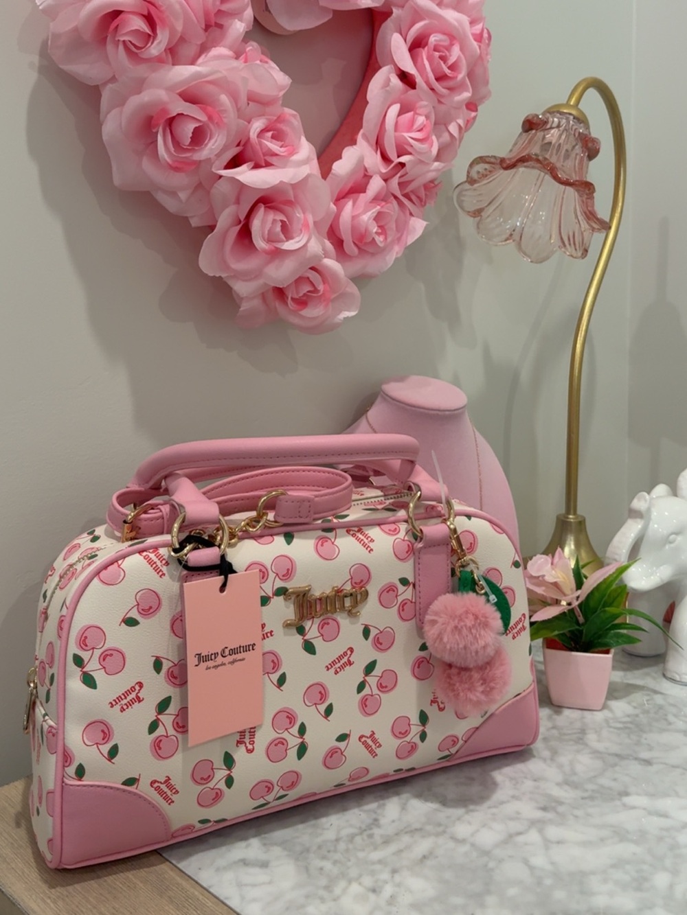 Juicy Couture Pink Cherry Print Dome Satchel with Pom Charm